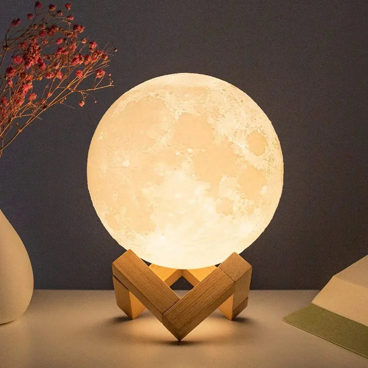 LED Night Light 8Cm Moon Lamp Battery Powered with Stand Starry Lamp Bedroom Decor Night Lights 