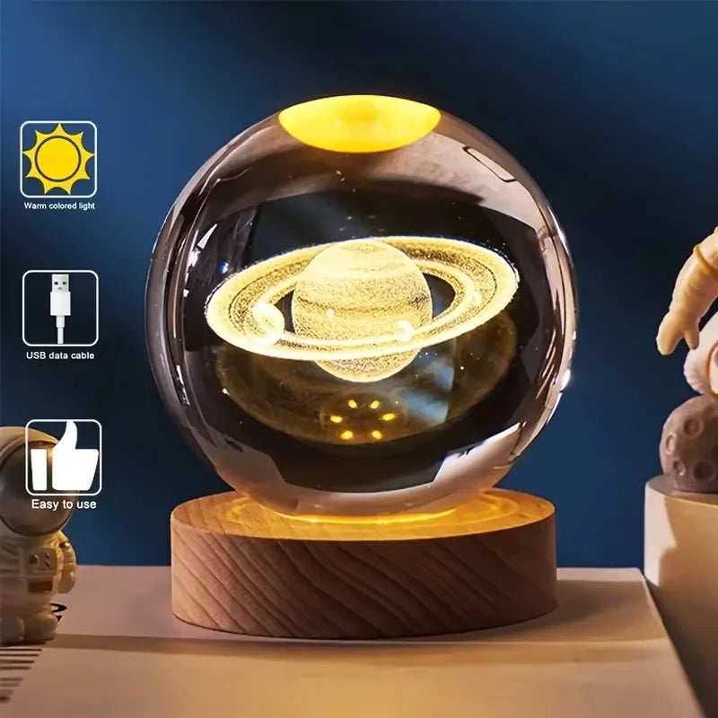 Luminous 3D Crystal Ball LED Night Light Saturn Solar System 3D Moon Table Lamp USB Bedroom Atmosphere Lamp 