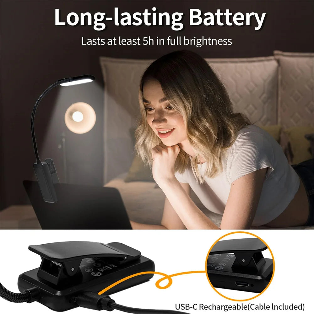 Rechargeable Book Light for Reading in Bed Eye Caring Read Lamps 3Color Temperature Small Lightweight Clip on Book Reading Light