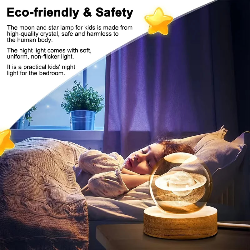 Luminous 3D Crystal Ball LED Night Light Saturn Solar System 3D Moon Table Lamp USB Bedroom Atmosphere Lamp 