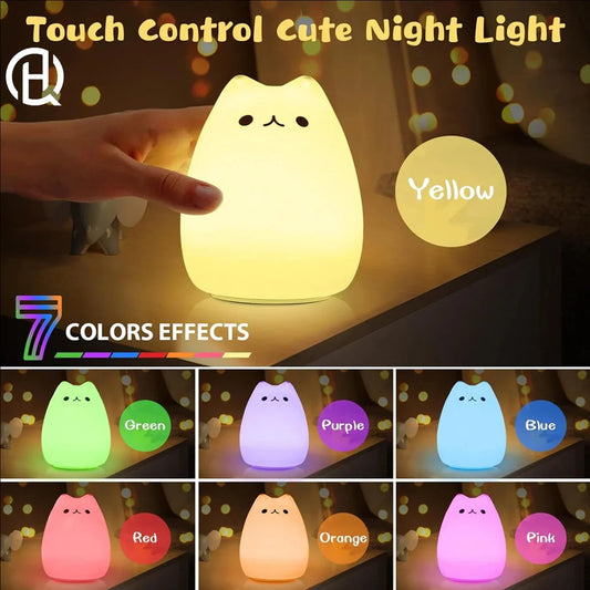 LED Night Light Soft Cat Silicone Lamp Touch Sensor Cat Sleeping Lamp Home Bedroom Decoration 7 Colors Birthday Gift for Kid