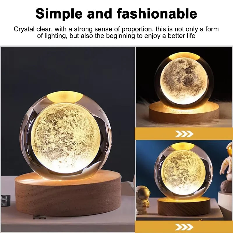 Luminous 3D Crystal Ball LED Night Light Saturn Solar System 3D Moon Table Lamp USB Bedroom Atmosphere Lamp 