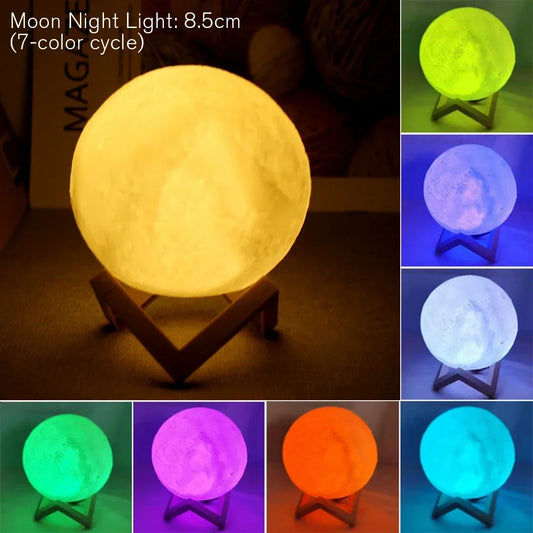 LED Night Light 8Cm Moon Lamp Battery Powered with Stand Starry Lamp Bedroom Decor Night Lights 
