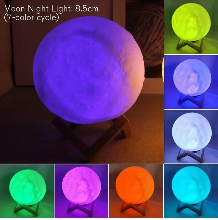 LED Night Light 8Cm Moon Lamp Battery Powered with Stand Starry Lamp Bedroom Decor Night Lights 