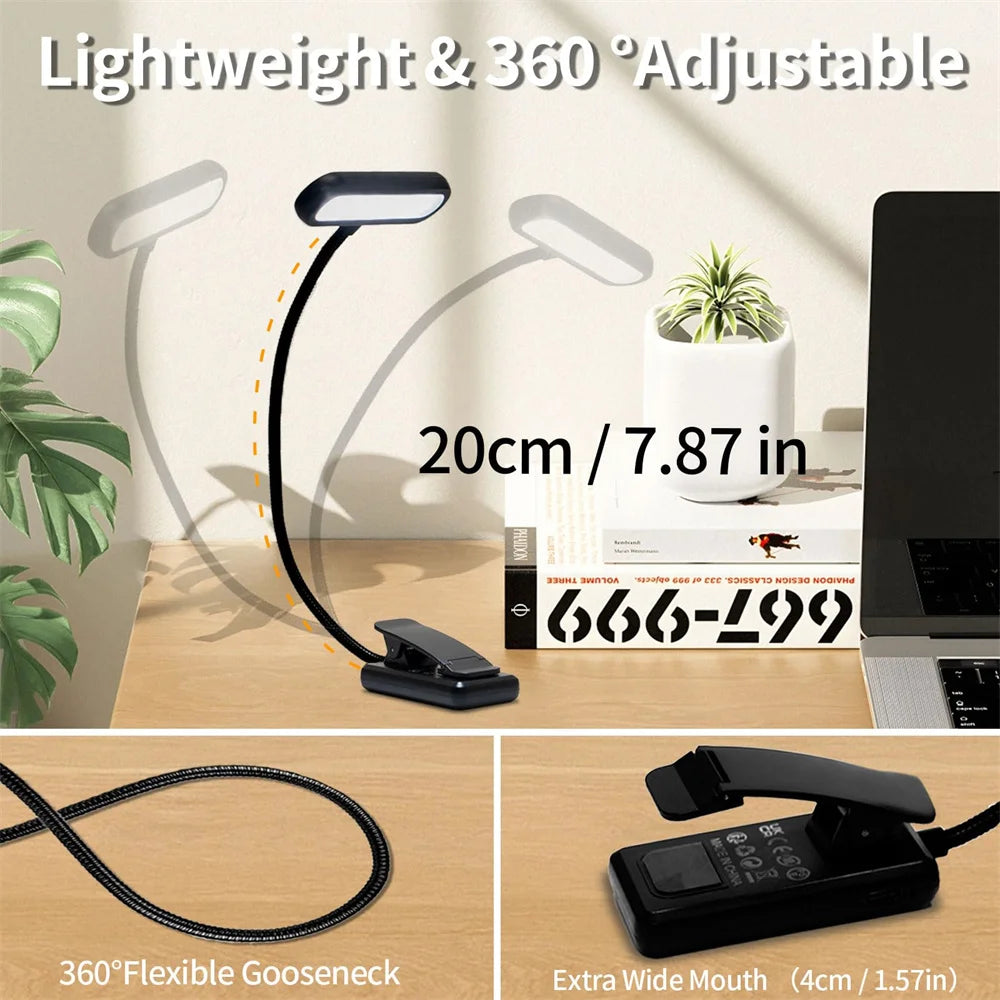 Rechargeable Book Light for Reading in Bed Eye Caring Read Lamps 3Color Temperature Small Lightweight Clip on Book Reading Light